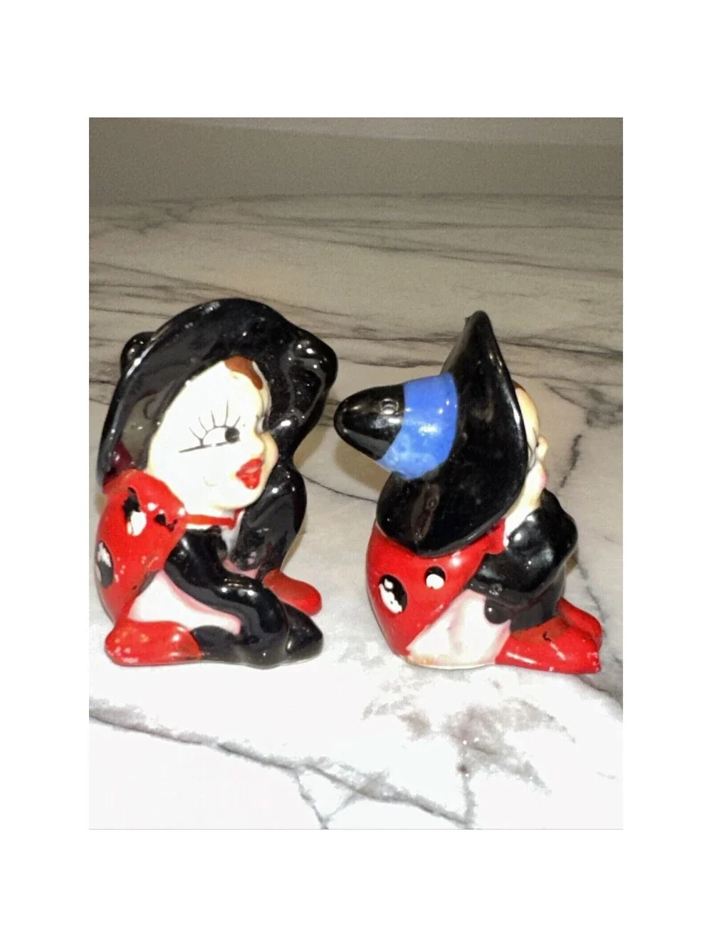 2 1950s Lady Bug Pixie Fairy Salt & Pepper Shakers Cork Stopper Madein Japan